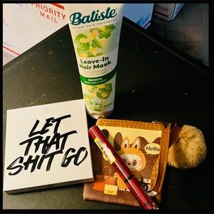 Hair mask Coin Purse with Pom Pom eye shadow palette and lip stick bundle